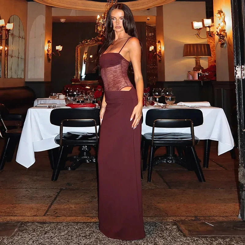 Women’s Lace Panel Maxi Evening Dress with Strapless Bodycon Fit