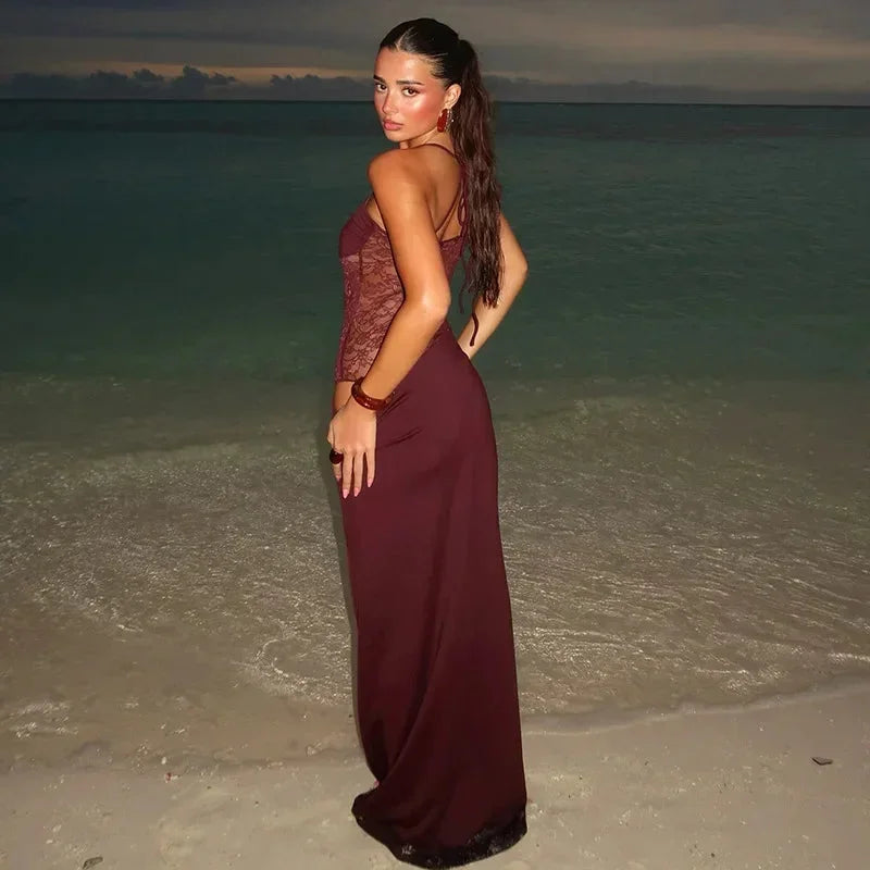 Women’s Lace Panel Maxi Evening Dress with Strapless Bodycon Fit