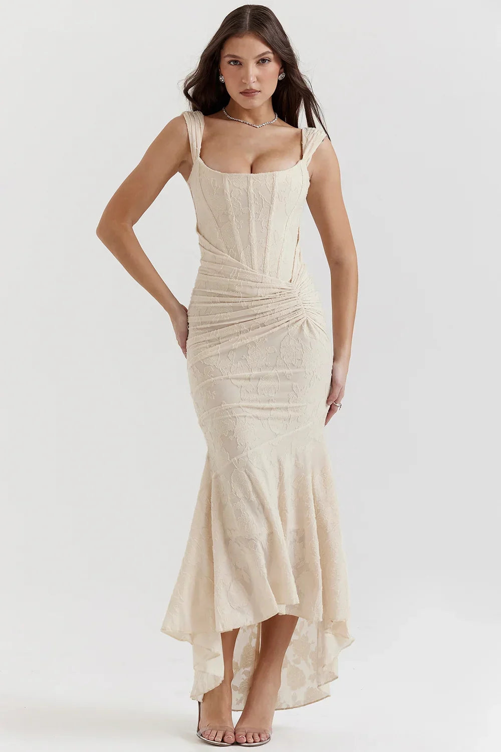 Women’s Elegant Ruched Mermaid Hem Midi Evening Dress