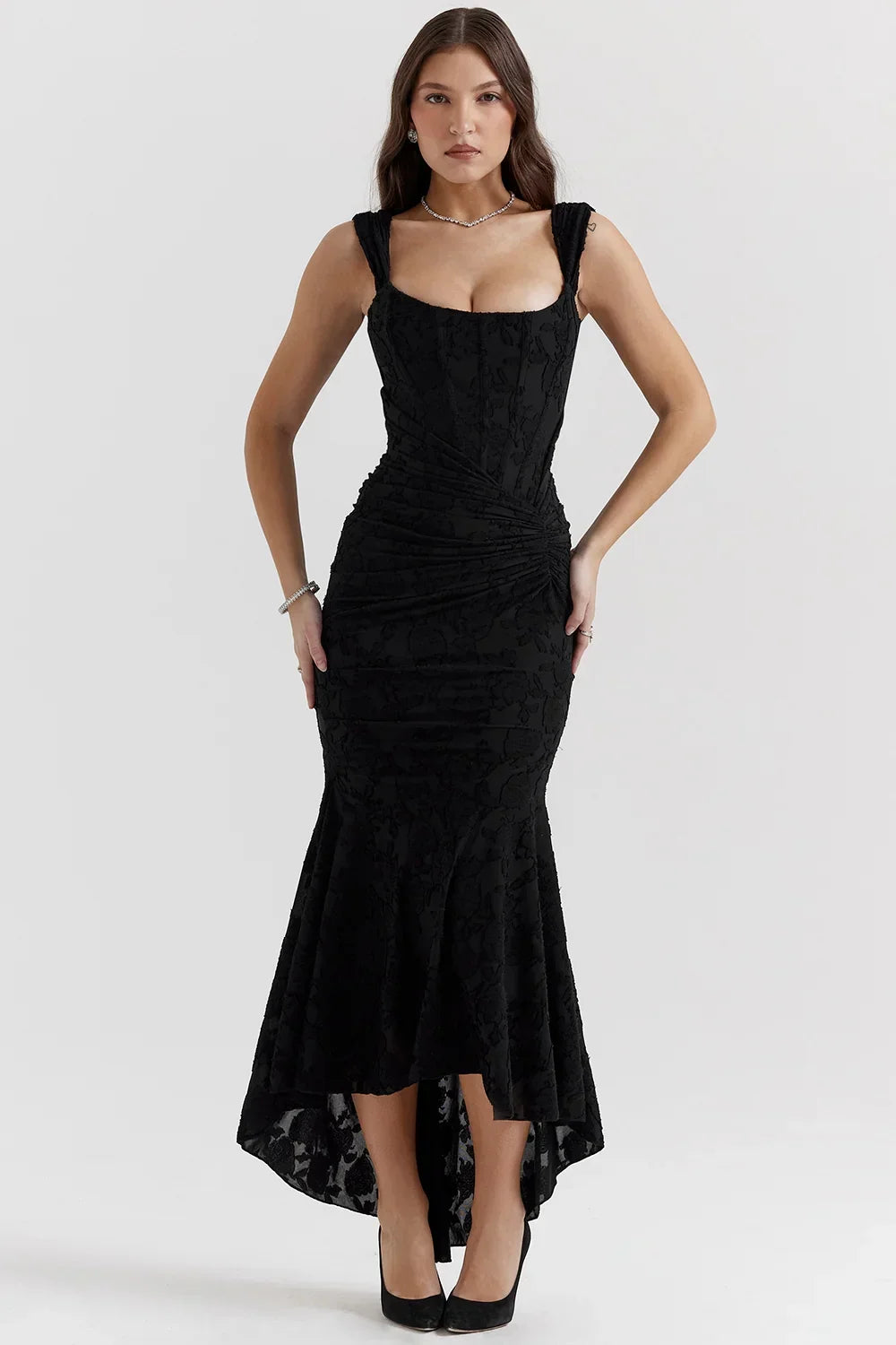 Women’s Elegant Ruched Mermaid Hem Midi Evening Dress