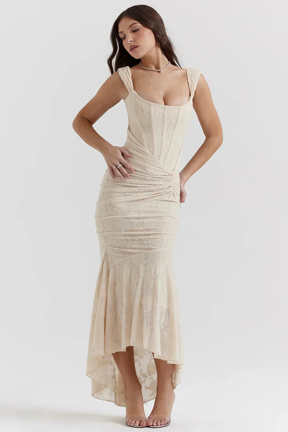 Women’s Elegant Ruched Mermaid Hem Midi Evening Dress