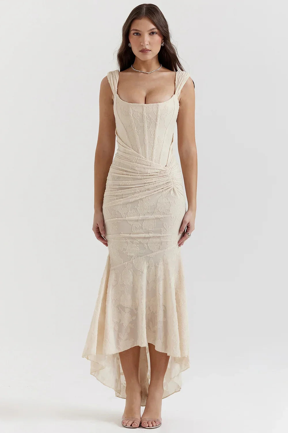 Women’s Elegant Ruched Mermaid Hem Midi Evening Dress