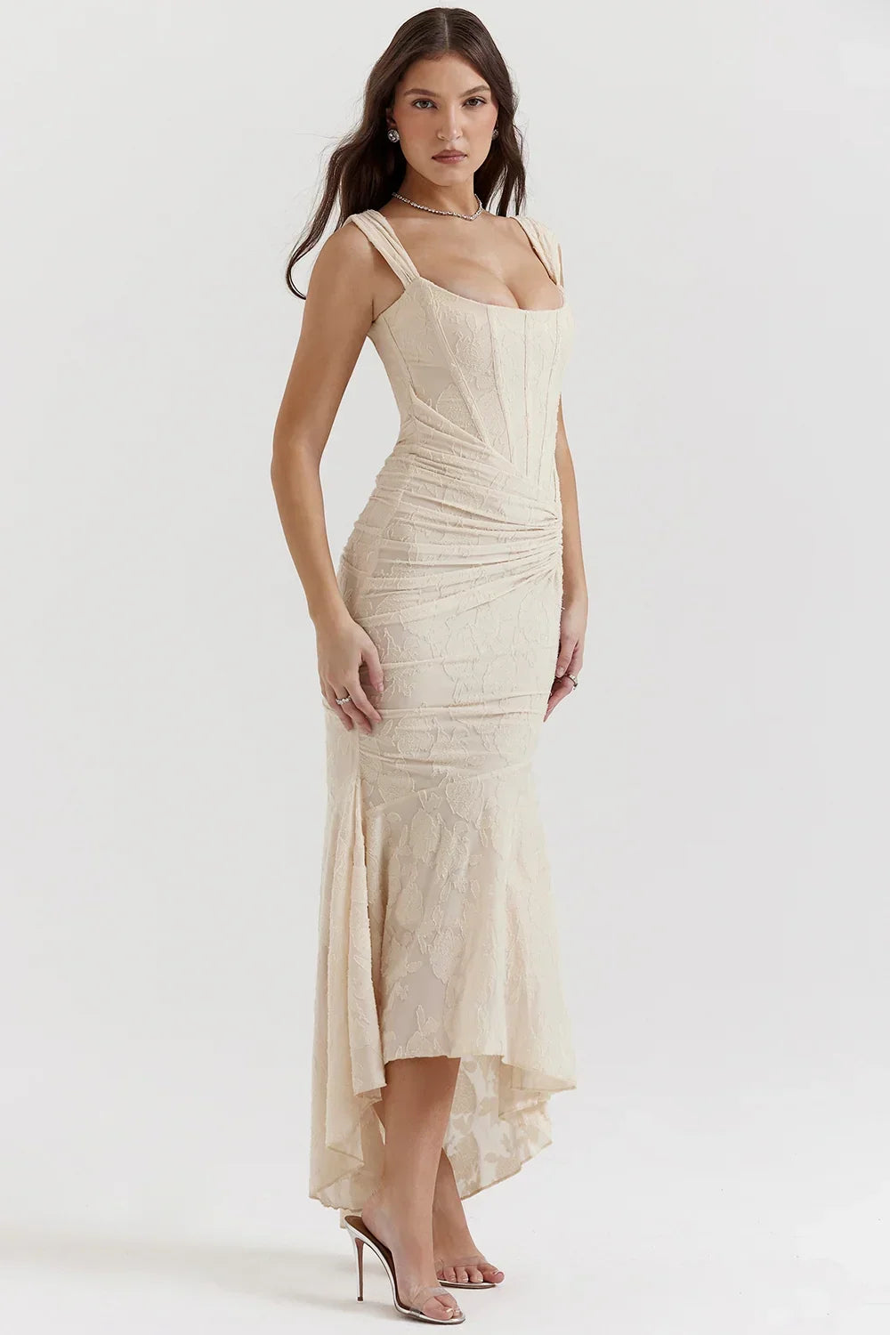 Women’s Elegant Ruched Mermaid Hem Midi Evening Dress