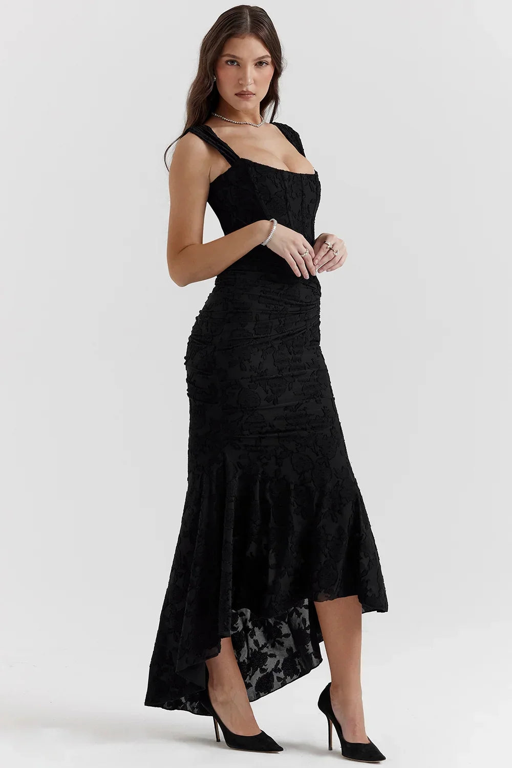 Women’s Elegant Ruched Mermaid Hem Midi Evening Dress