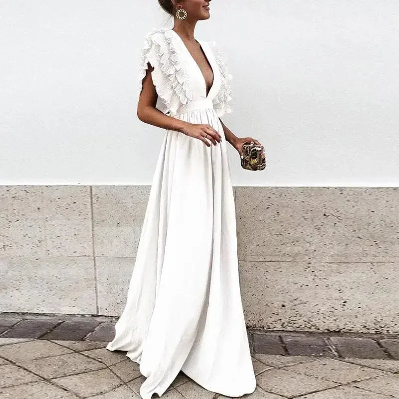 Women’s Elegant Ruffle V-Neck Maxi Dress