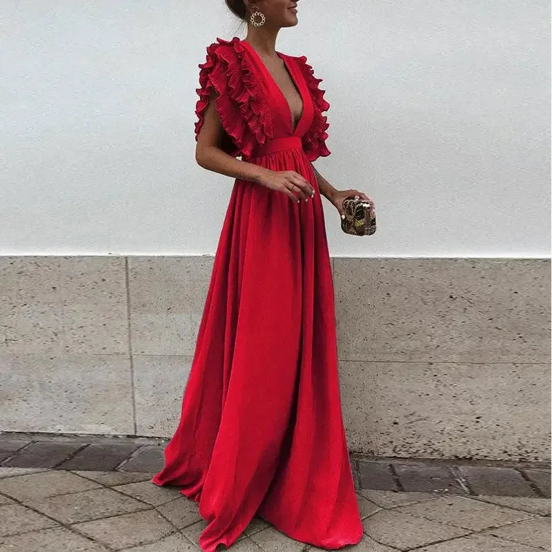 Women’s Elegant Ruffle V-Neck Maxi Dress