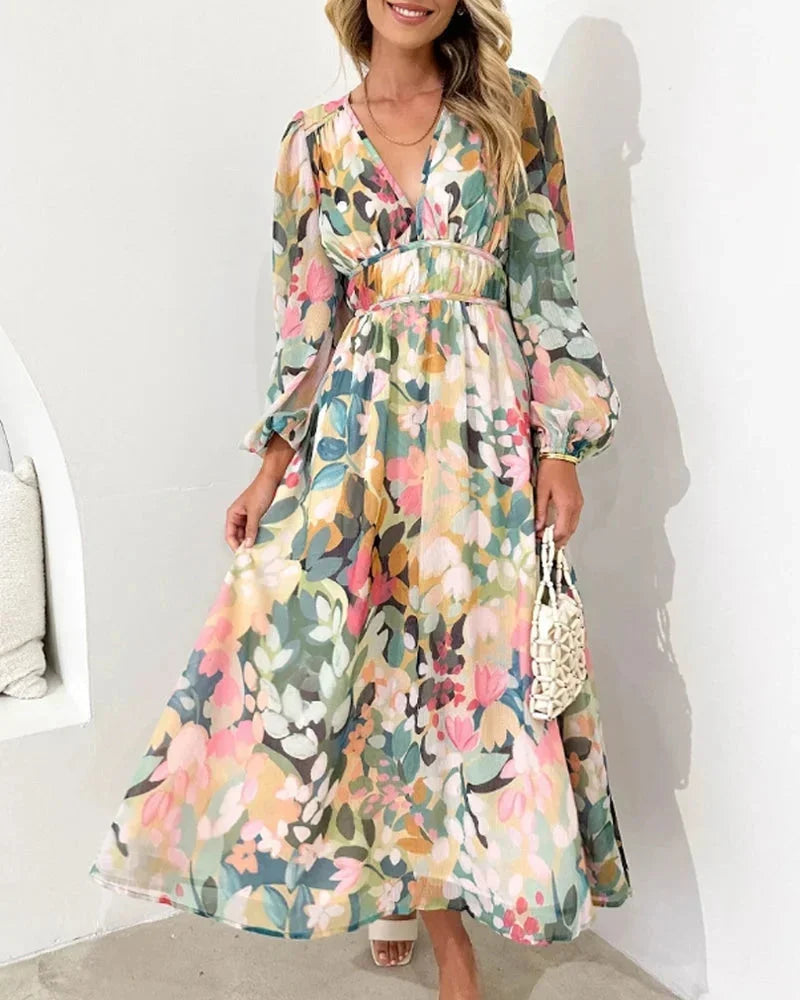 Women’s Floral ong Sleeve V Neck Boho Maxi Dress
