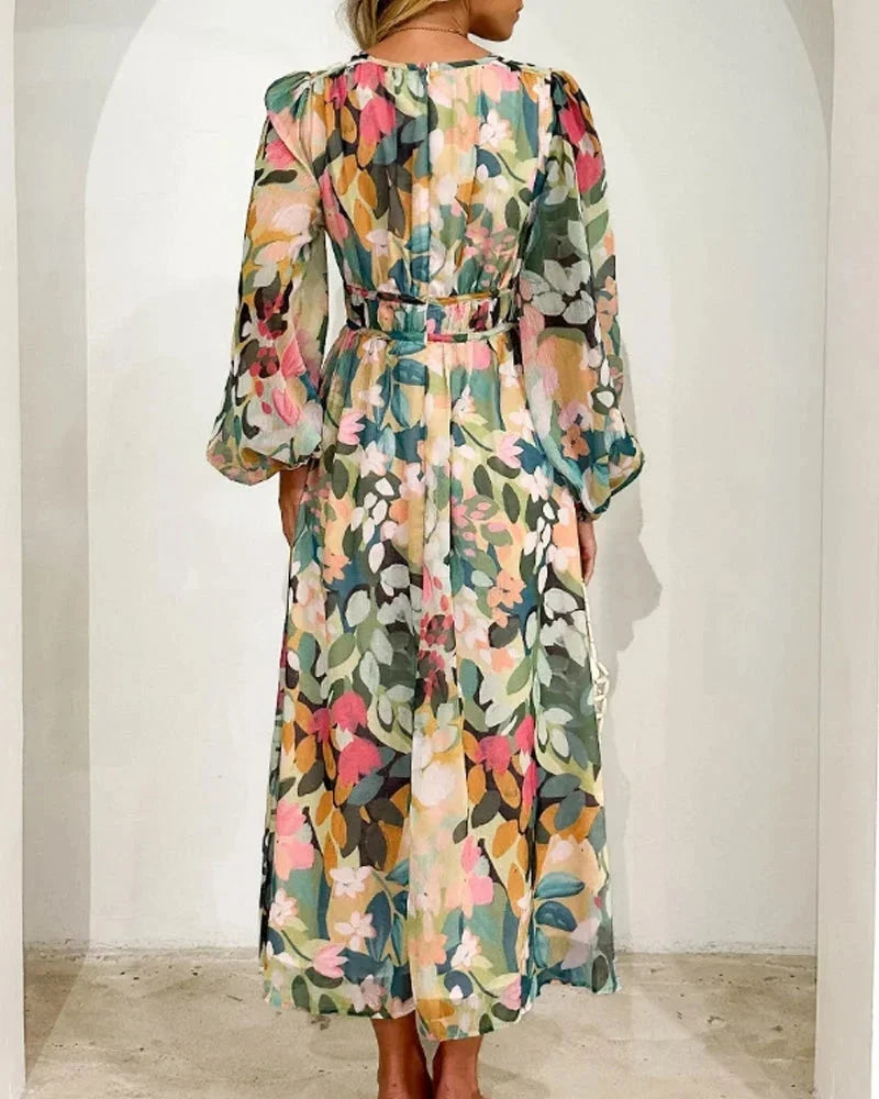 Women’s Floral ong Sleeve V Neck Boho Maxi Dress