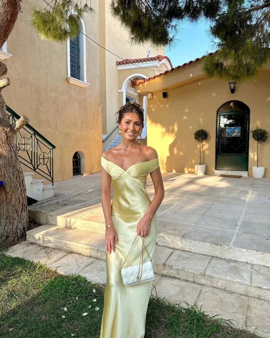 Elegant Off-Shoulder Yellow Satin Maxi Dress