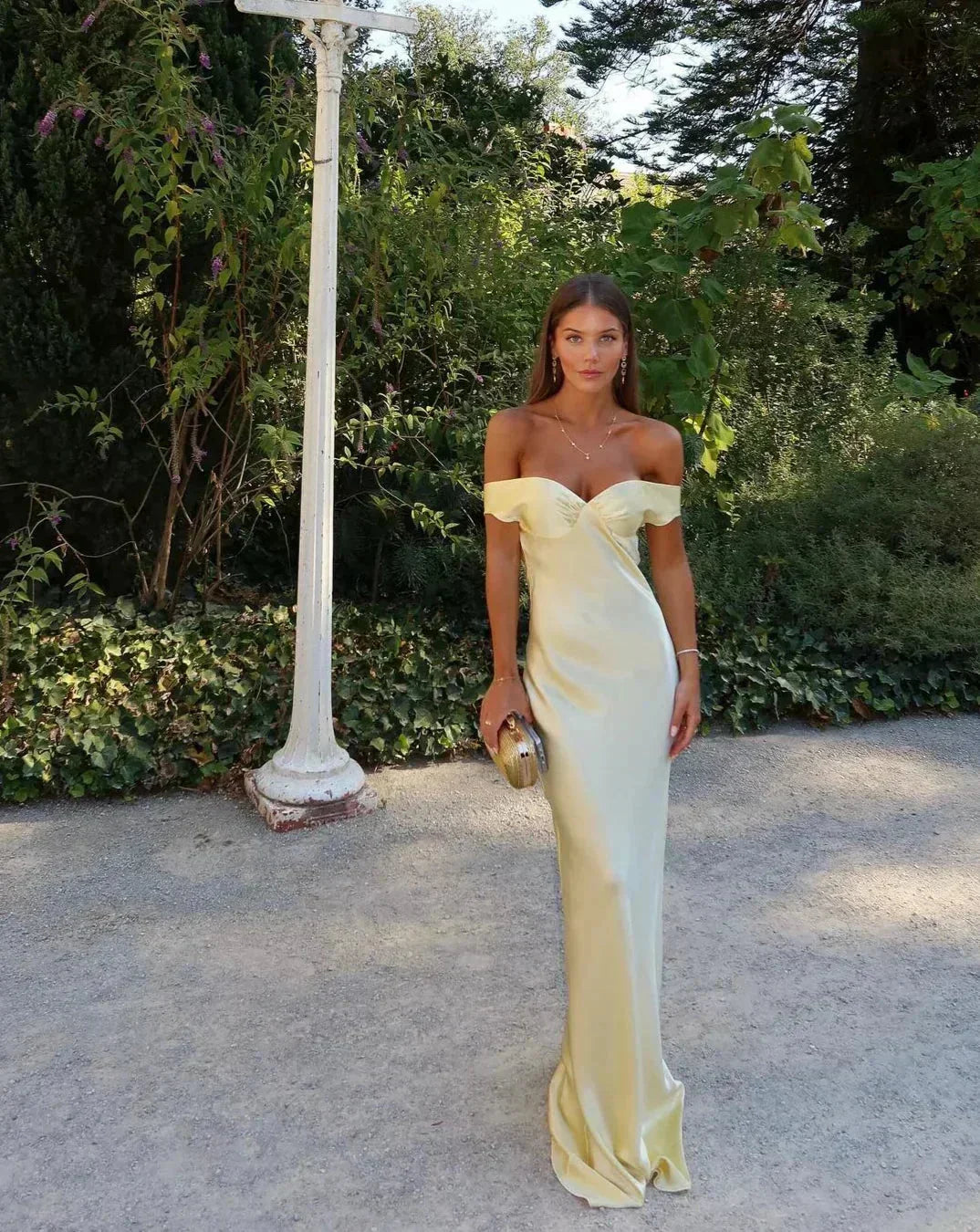 Elegant Off-Shoulder Yellow Satin Maxi Dress