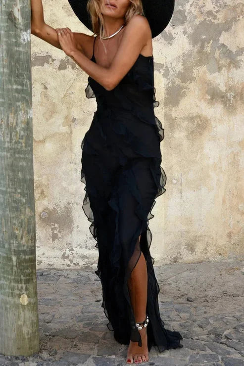 Women’s Elegant Ruffle Trim Maxi Evening Dress with High Slit Design