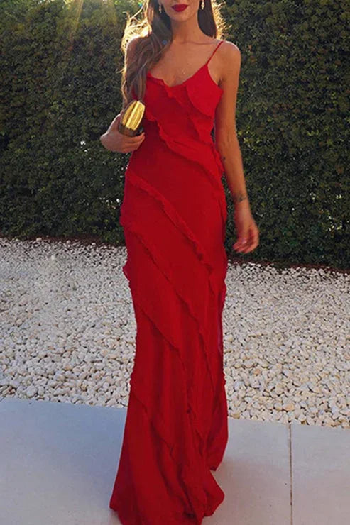 Women’s Elegant Ruffle Trim Maxi Evening Dress with High Slit Design