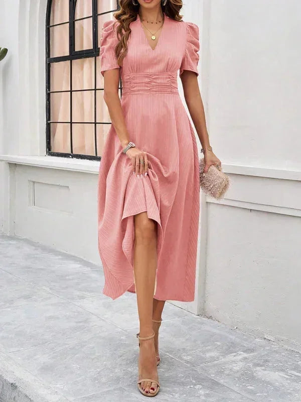 V Neck Puff Sleeve Midi Dress Women