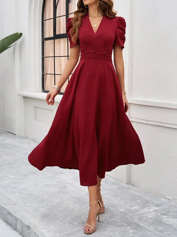V Neck Puff Sleeve Midi Dress Women