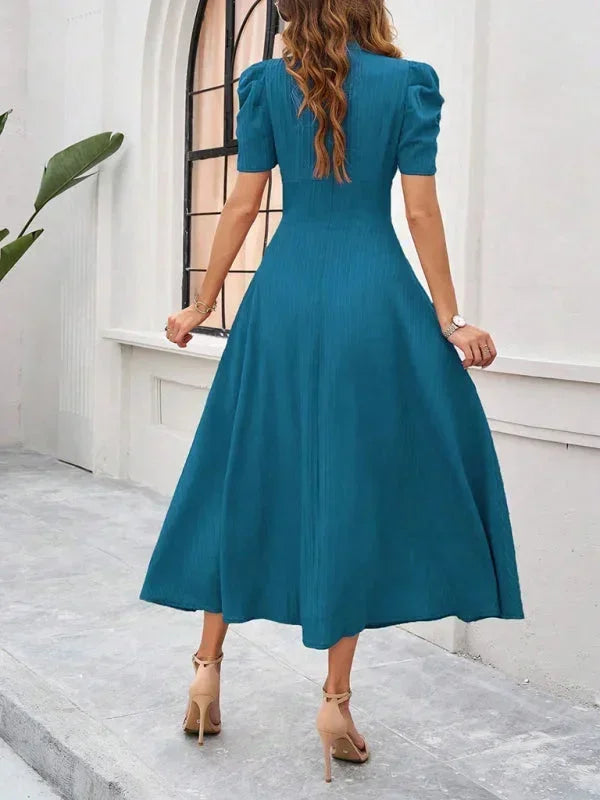V Neck Puff Sleeve Midi Dress Women