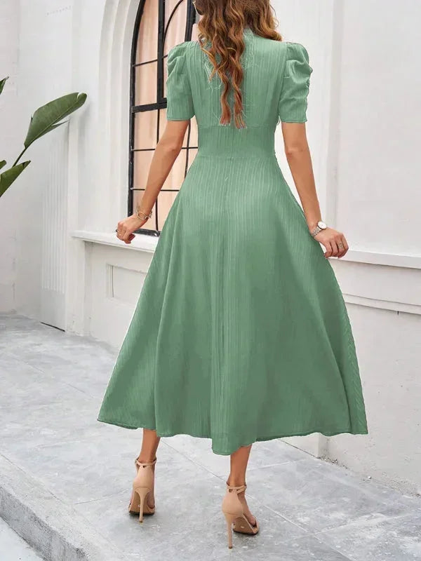 V Neck Puff Sleeve Midi Dress Women