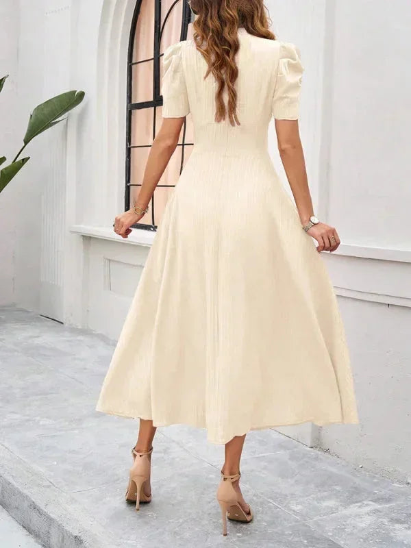 V Neck Puff Sleeve Midi Dress Women