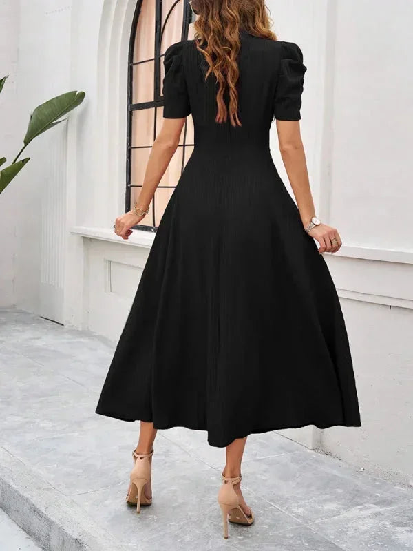 V Neck Puff Sleeve Midi Dress Women