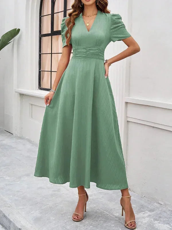V Neck Puff Sleeve Midi Dress Women