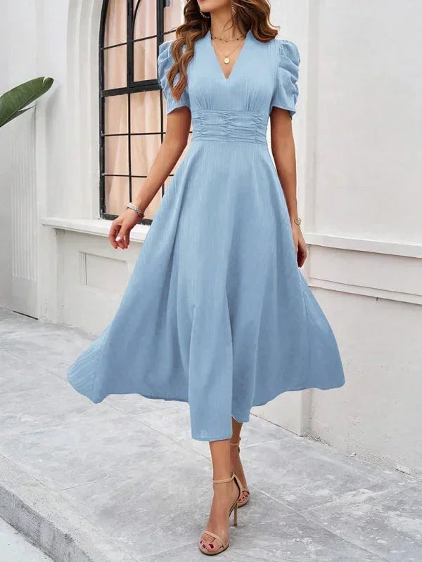 V Neck Puff Sleeve Midi Dress Women