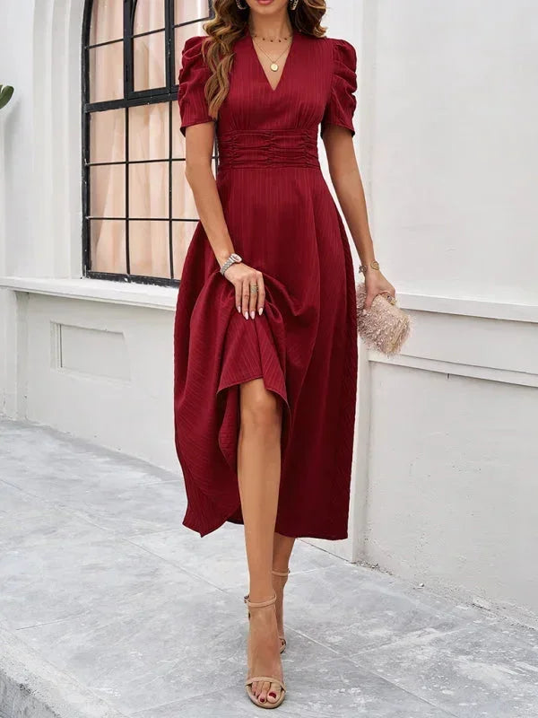 V Neck Puff Sleeve Midi Dress Women