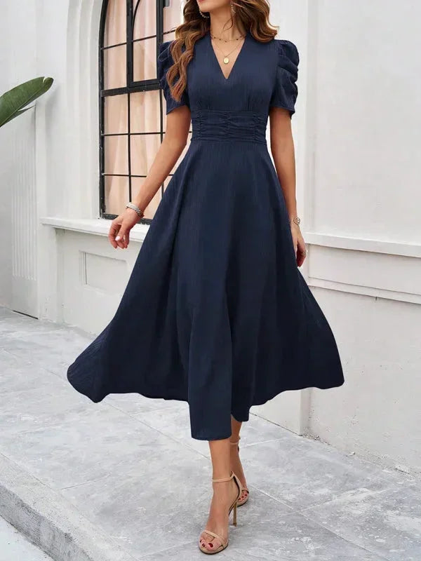 V Neck Puff Sleeve Midi Dress Women