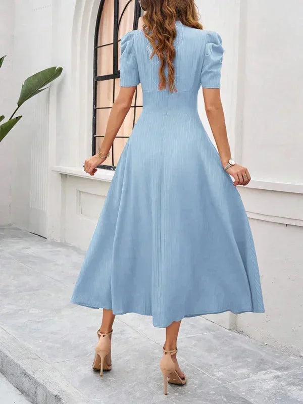 V Neck Puff Sleeve Midi Dress Women