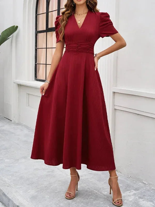 V Neck Puff Sleeve Midi Dress Women