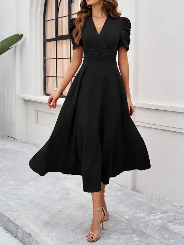 V Neck Puff Sleeve Midi Dress Women