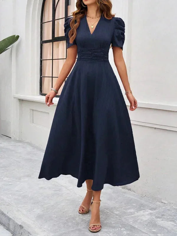 V Neck Puff Sleeve Midi Dress Women