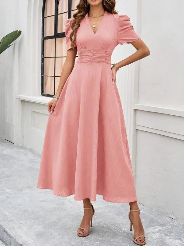 V Neck Puff Sleeve Midi Dress Women