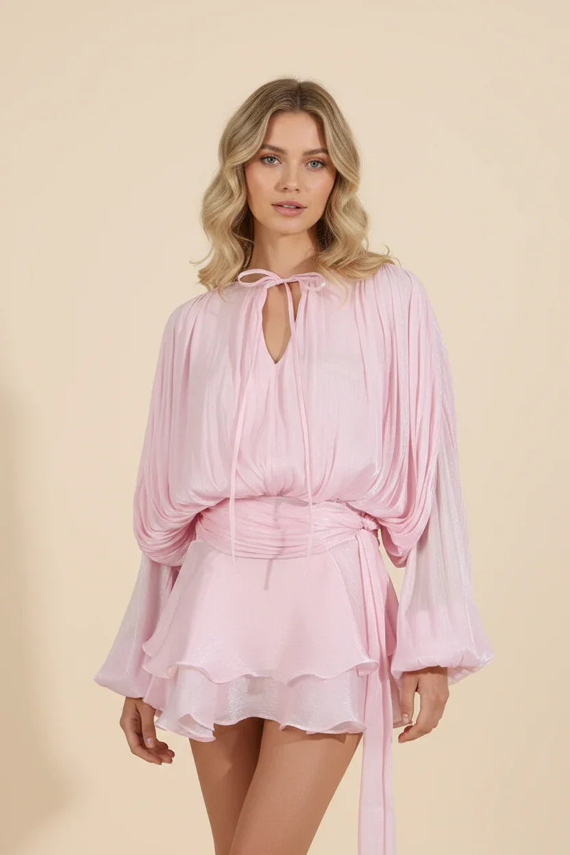 Women’s Elegant Long Sleeve Ruffle Hem Mini Dress with Waist Tie