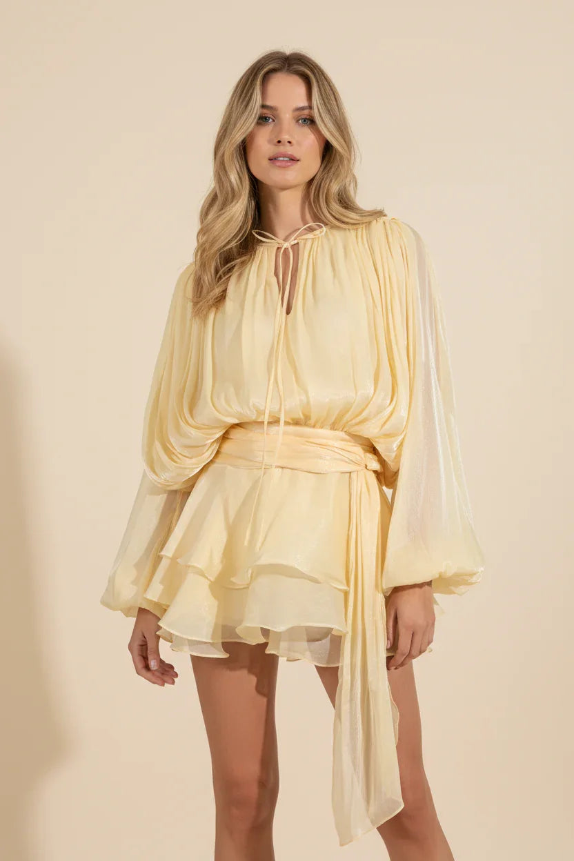 Women’s Elegant Long Sleeve Ruffle Hem Mini Dress with Waist Tie