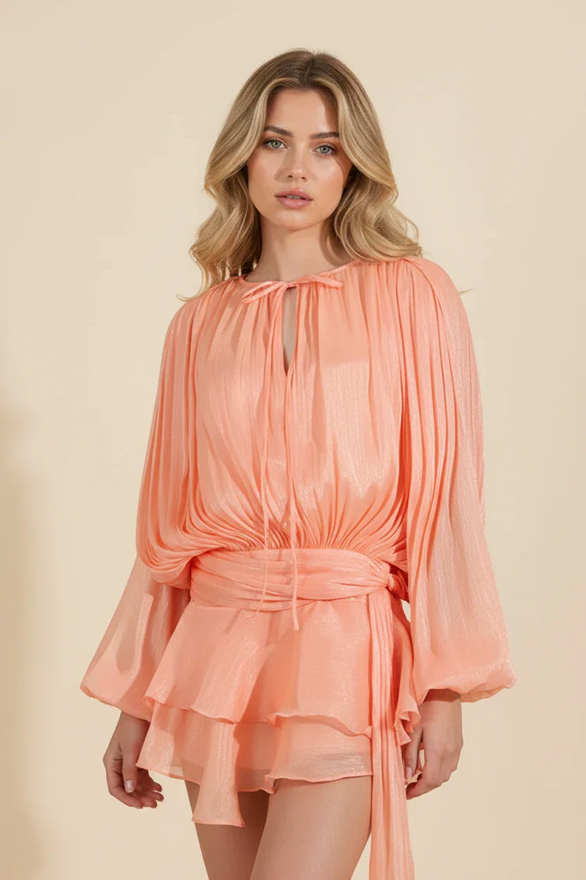 Women’s Elegant Long Sleeve Ruffle Hem Mini Dress with Waist Tie