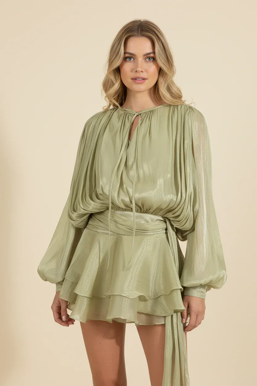Women’s Elegant Long Sleeve Ruffle Hem Mini Dress with Waist Tie