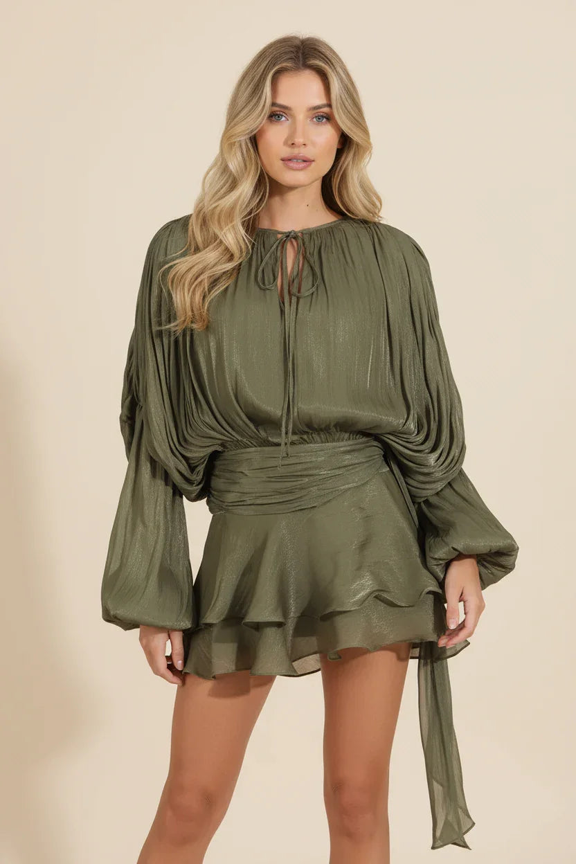 Women’s Elegant Long Sleeve Ruffle Hem Mini Dress with Waist Tie