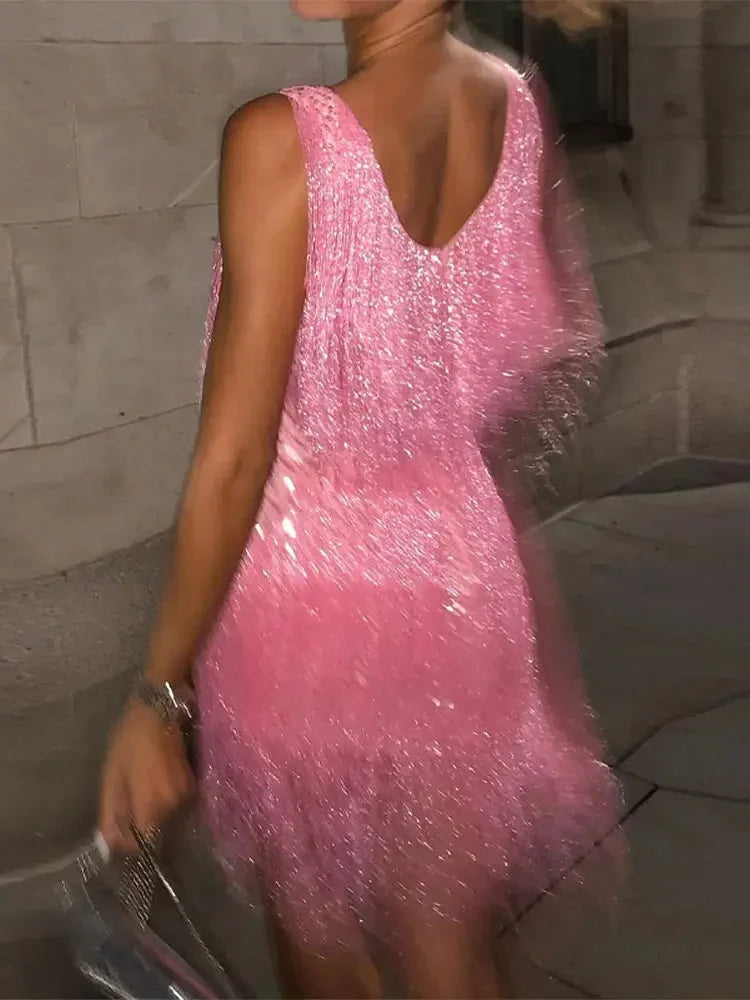 Women’s Fringe Sequin Sleeveless Party Mini Dress