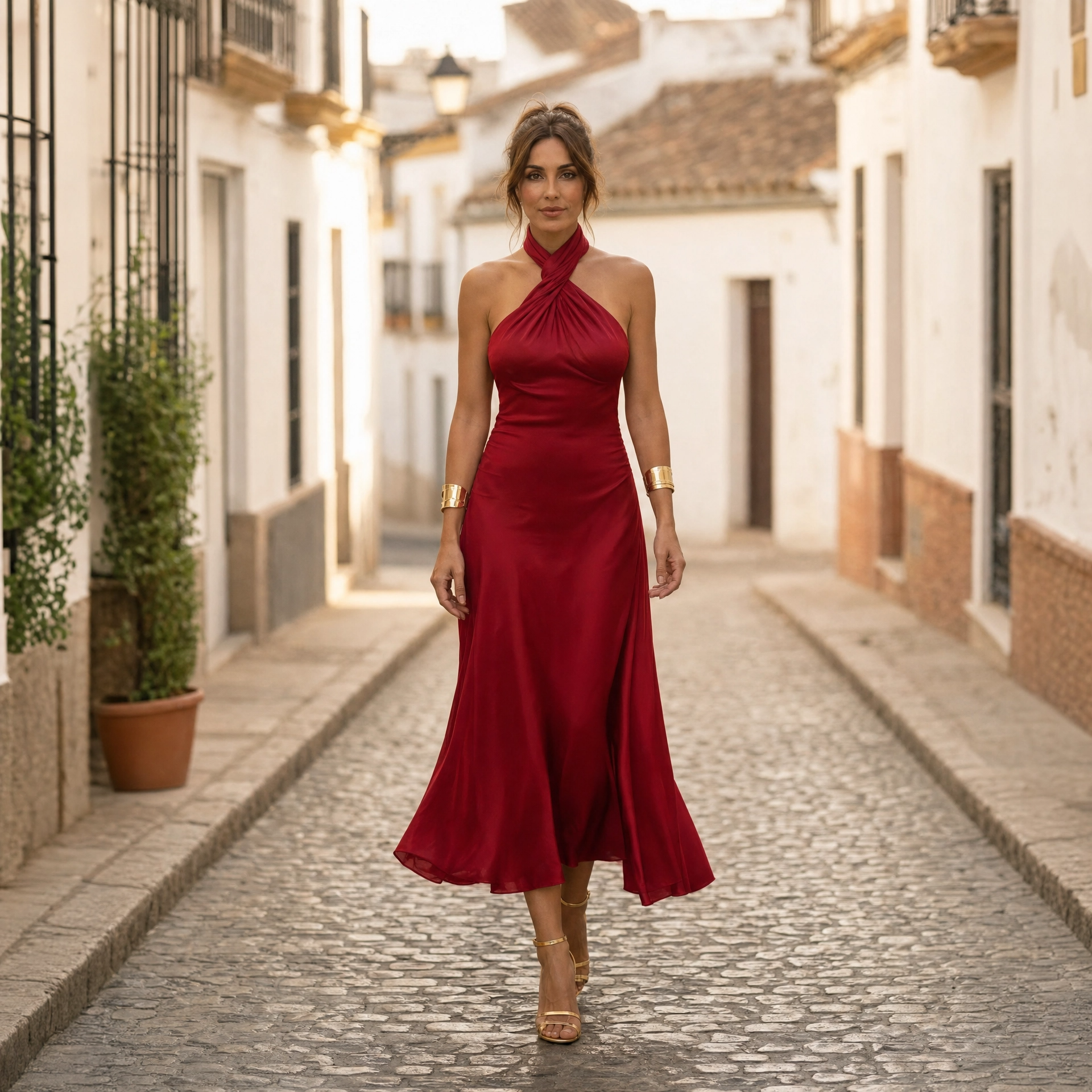 Women's Backless Halter Evening Midi Dress