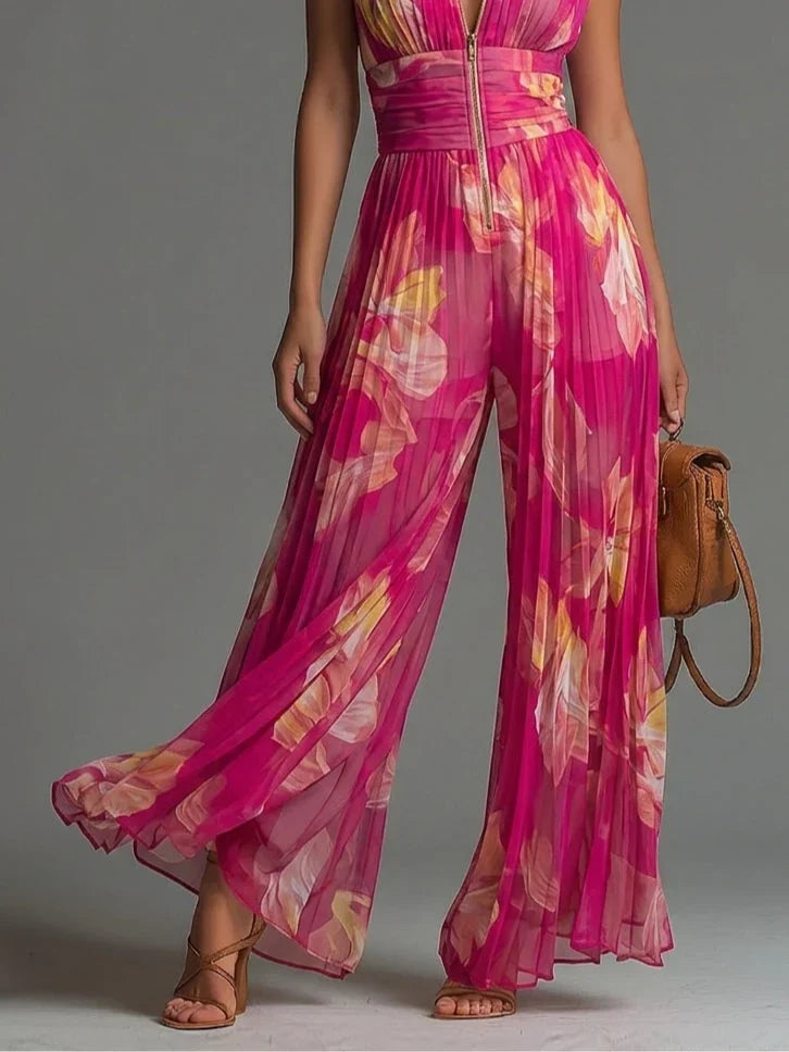Women's Sleeveless Pleated Halter Wide-Leg Jumpsuit
