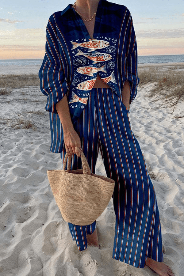 Women's Striped Fish Print Two-Piece Set