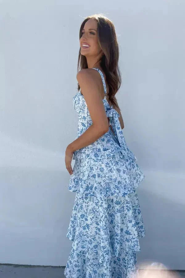 Silver - Women’s tiered floral maxi dress with bow back and shoulder straps