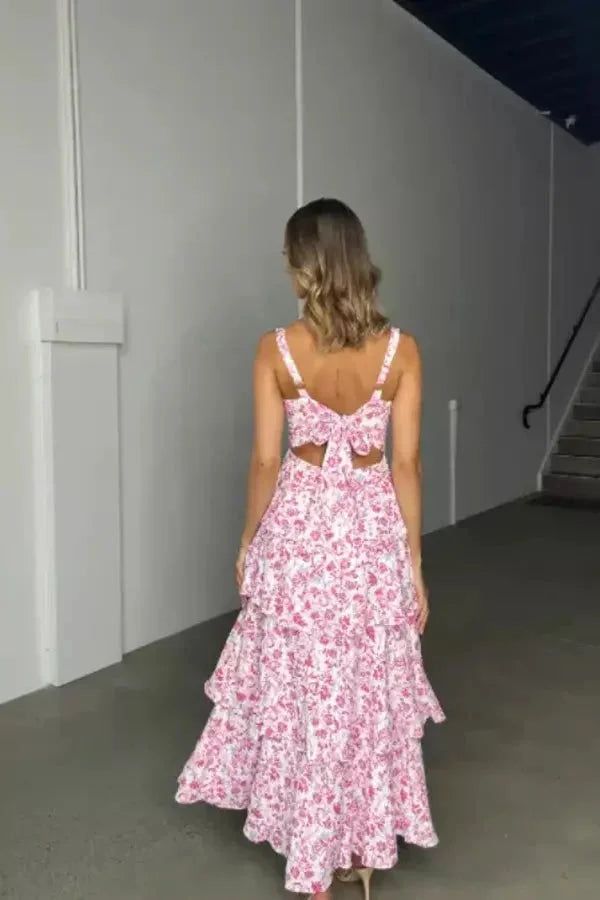 Silver - Women’s tiered floral maxi dress with bow back and shoulder straps