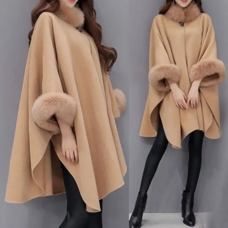 Women's Tailored Poncho Fur Collar Cape Coat