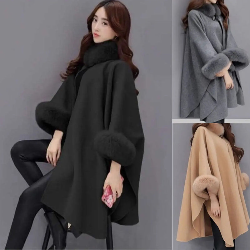 Women's Tailored Poncho Fur Collar Cape Coat