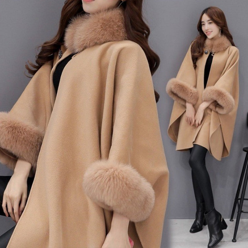 Women's Tailored Poncho Fur Collar Cape Coat