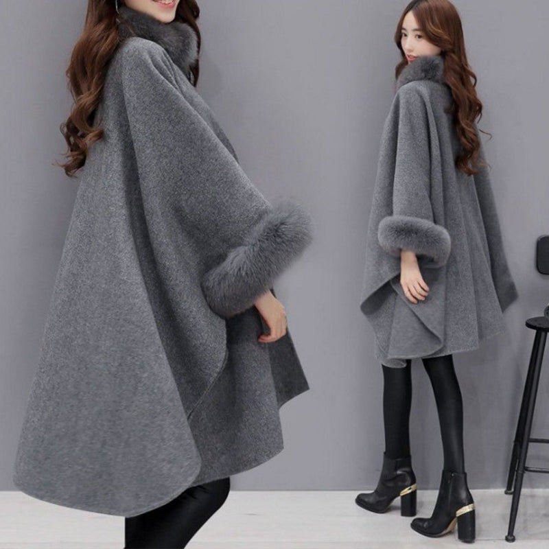 Women's Tailored Poncho Fur Collar Cape Coat