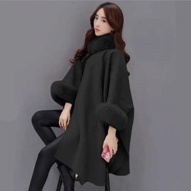 Women's Tailored Poncho Fur Collar Cape Coat