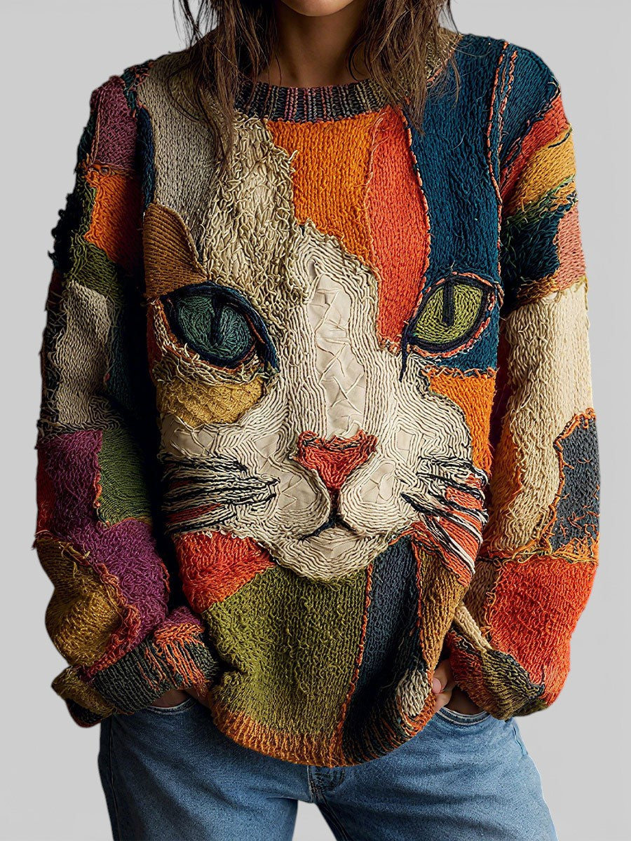 Women's Patchwork Cat Face Chunky Knit Sweater