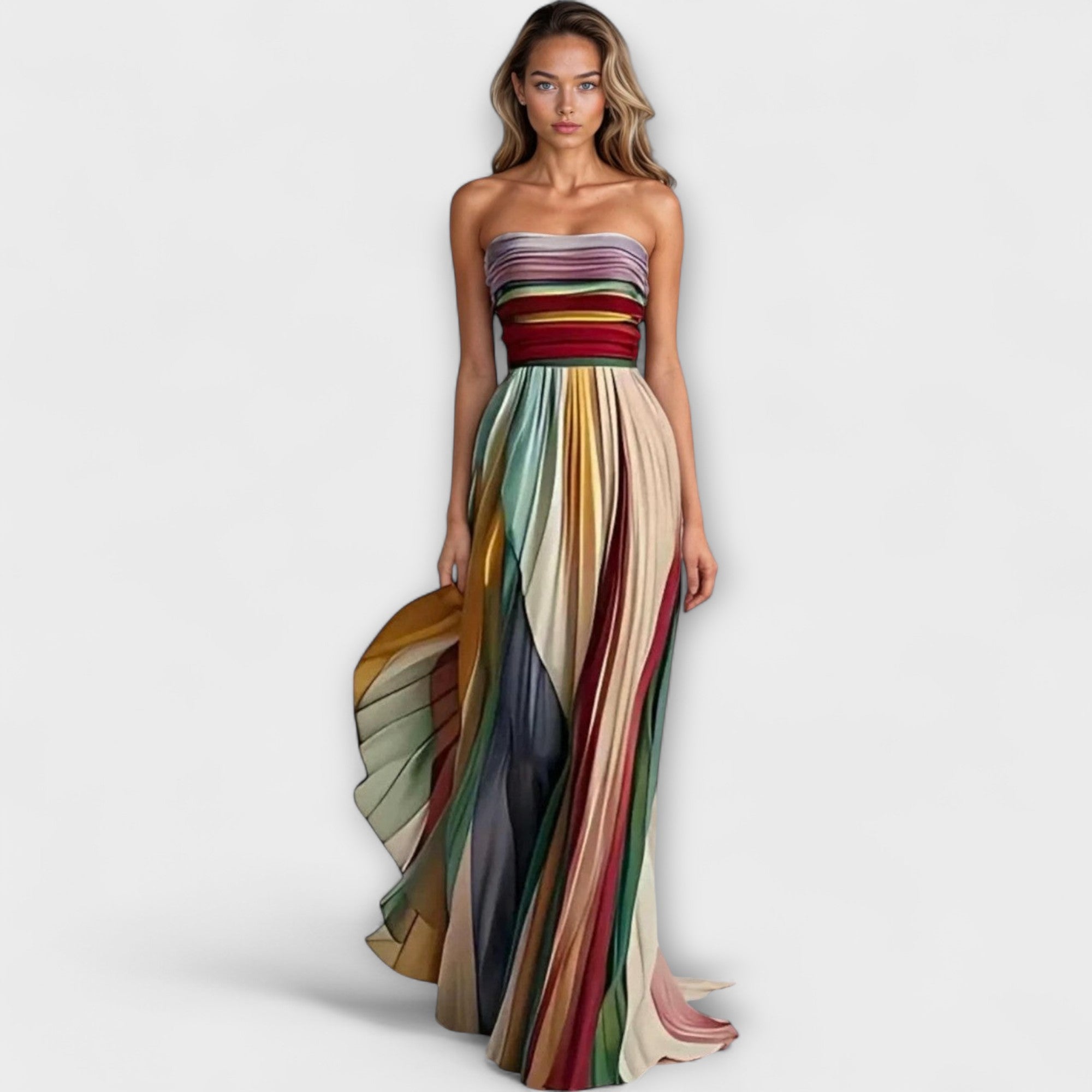 Women's Rainbow Pleated Strapless Party Maxi Dress