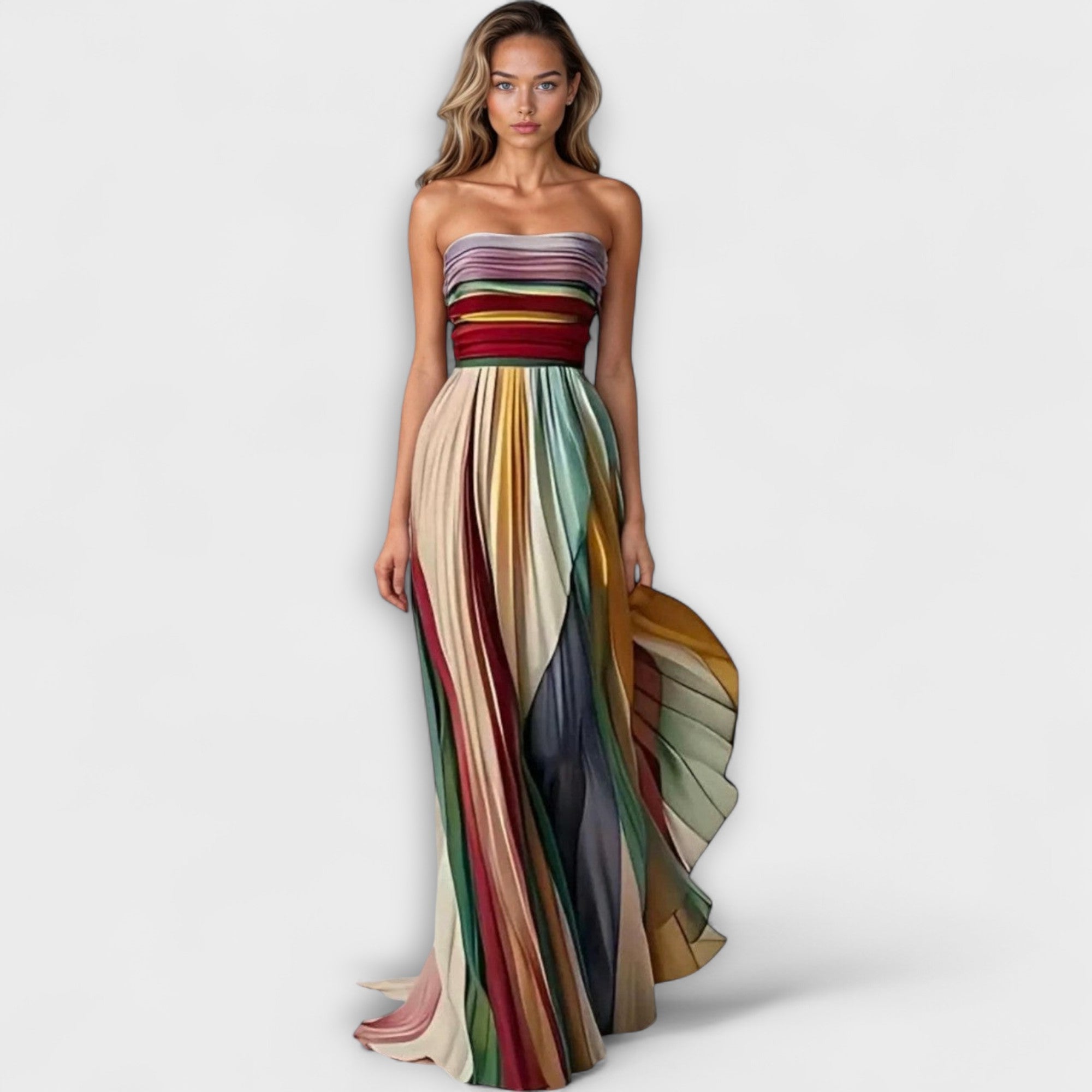 Women's Rainbow Pleated Strapless Party Maxi Dress
